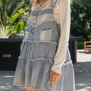 NEW- POL Denim Blue Lace-Trim Tiered Overall Dress - Women